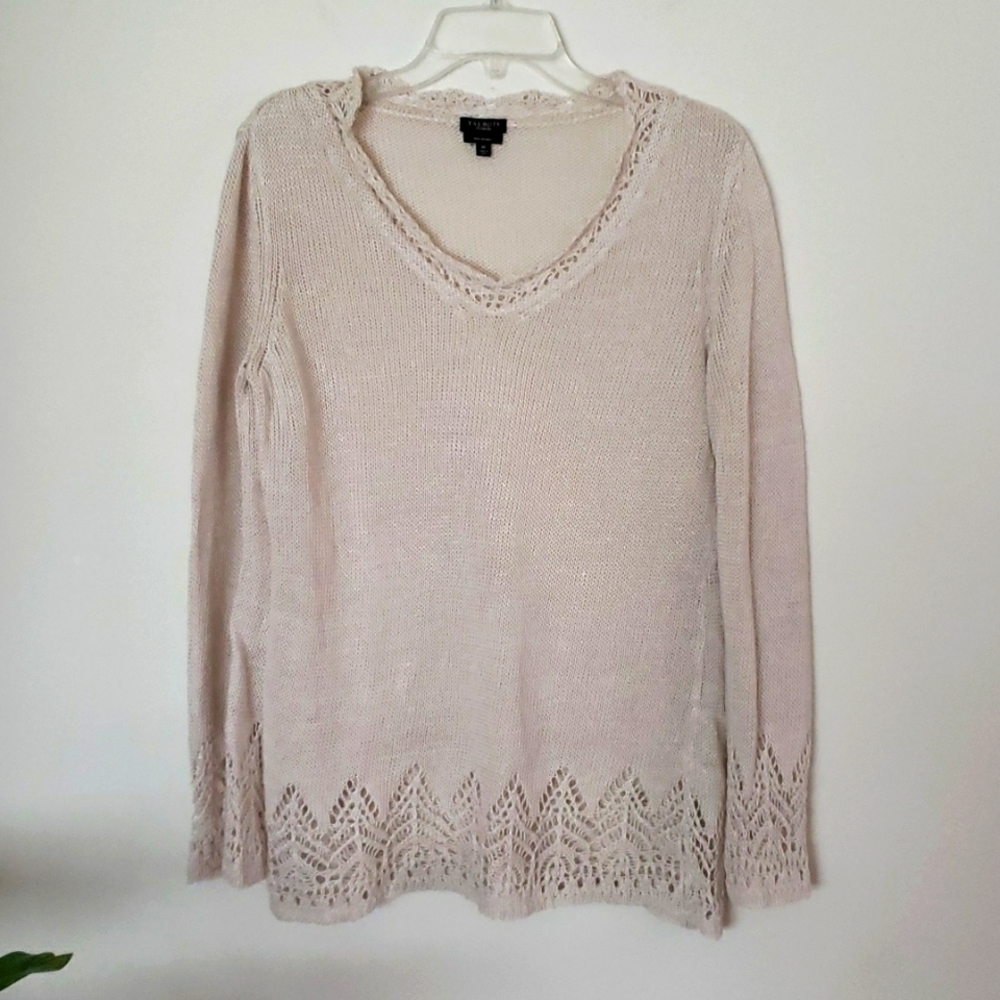 Talbot's linen crochet sweater, cream, crochet lace neck hem, summer sweater